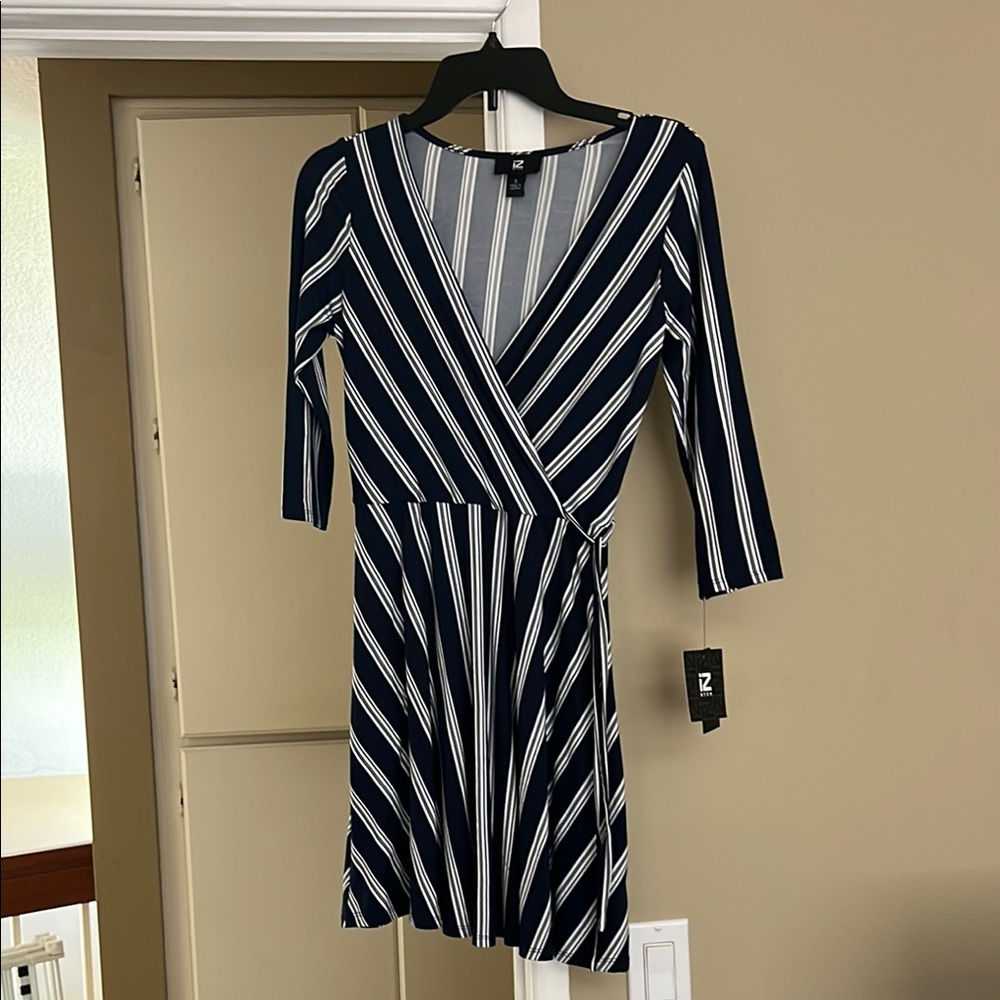 IZ Byer Navy and White Striped Wrap Dress